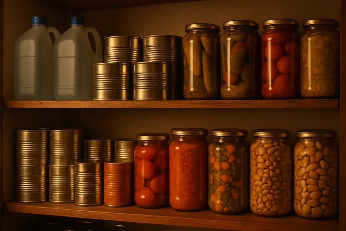 Organisierte Notfallvorräte auf Holzregal: Wasserflaschen, Konserven, Erste-Hilfe-Set, Taschenlampe, Radio