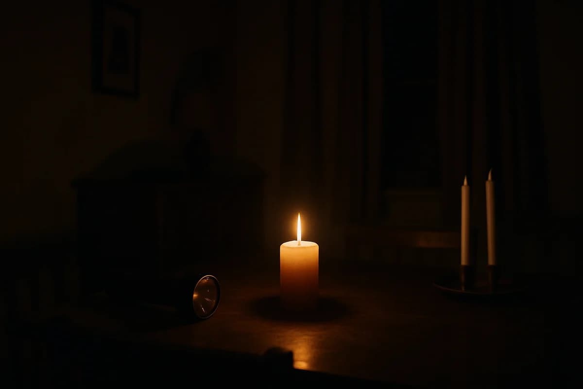 Dunkle Wohnung mit einem einzelnen Taschenlampenstrahl, Stadtsilhouette ohne Licht im Hintergrund