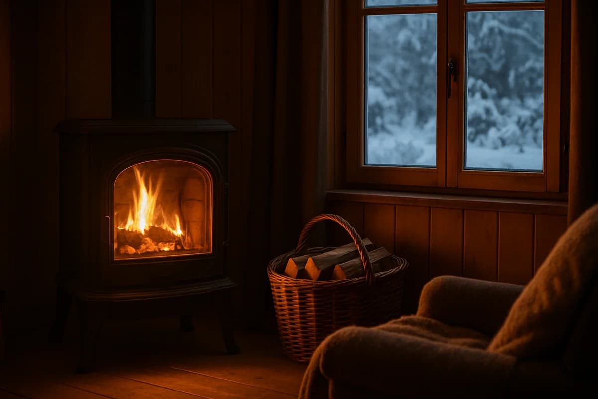 Wärme und Kerzenlicht in einem dunklen Zimmer während eines Stromausfalls im Winter