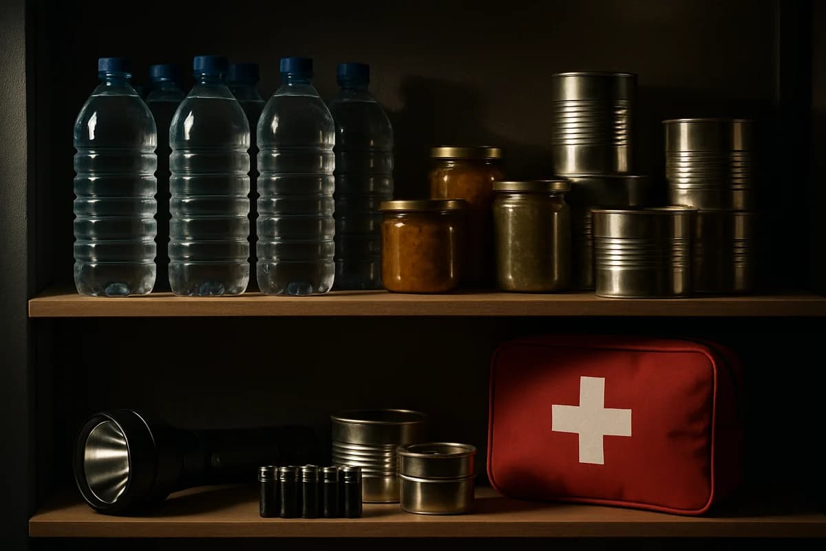 Krisenvorsorge-Checkliste auf einem Tisch umgeben von Notfallausrüstung und Vorräten