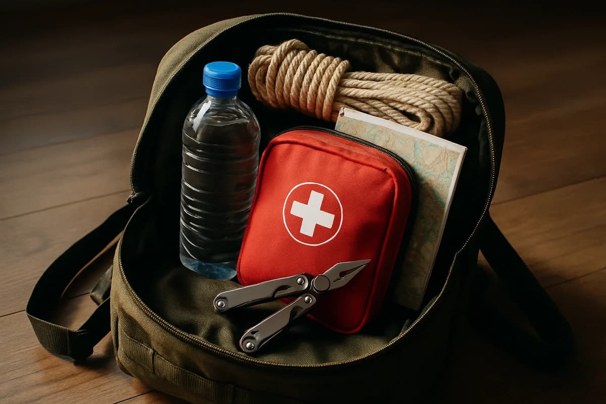 Gepackter Notfallrucksack mit sichtbarer Ausrüstung im Freien, Morgennebel