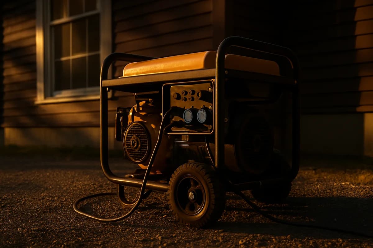Generator in einer Garage während eines Sturms, Kabel führen zum Haus, dramatische Beleuchtung