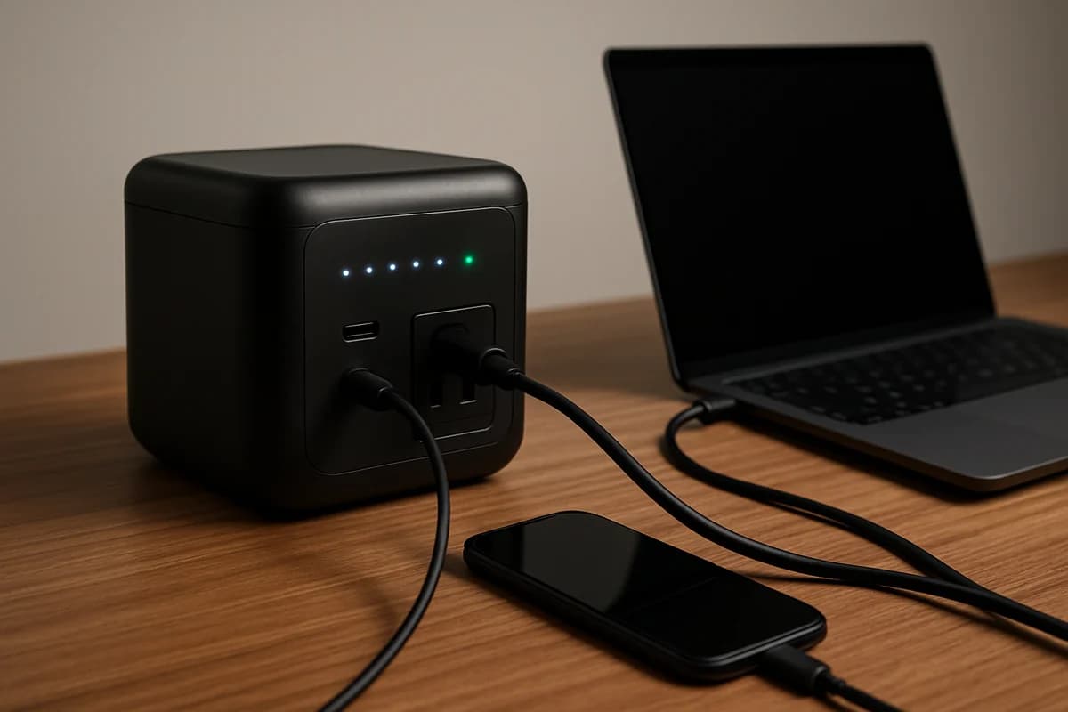 Portable Powerstation lädt Geräte während eines Stromausfalls, warmes Kerzenlicht, gemütliche Atmosphäre