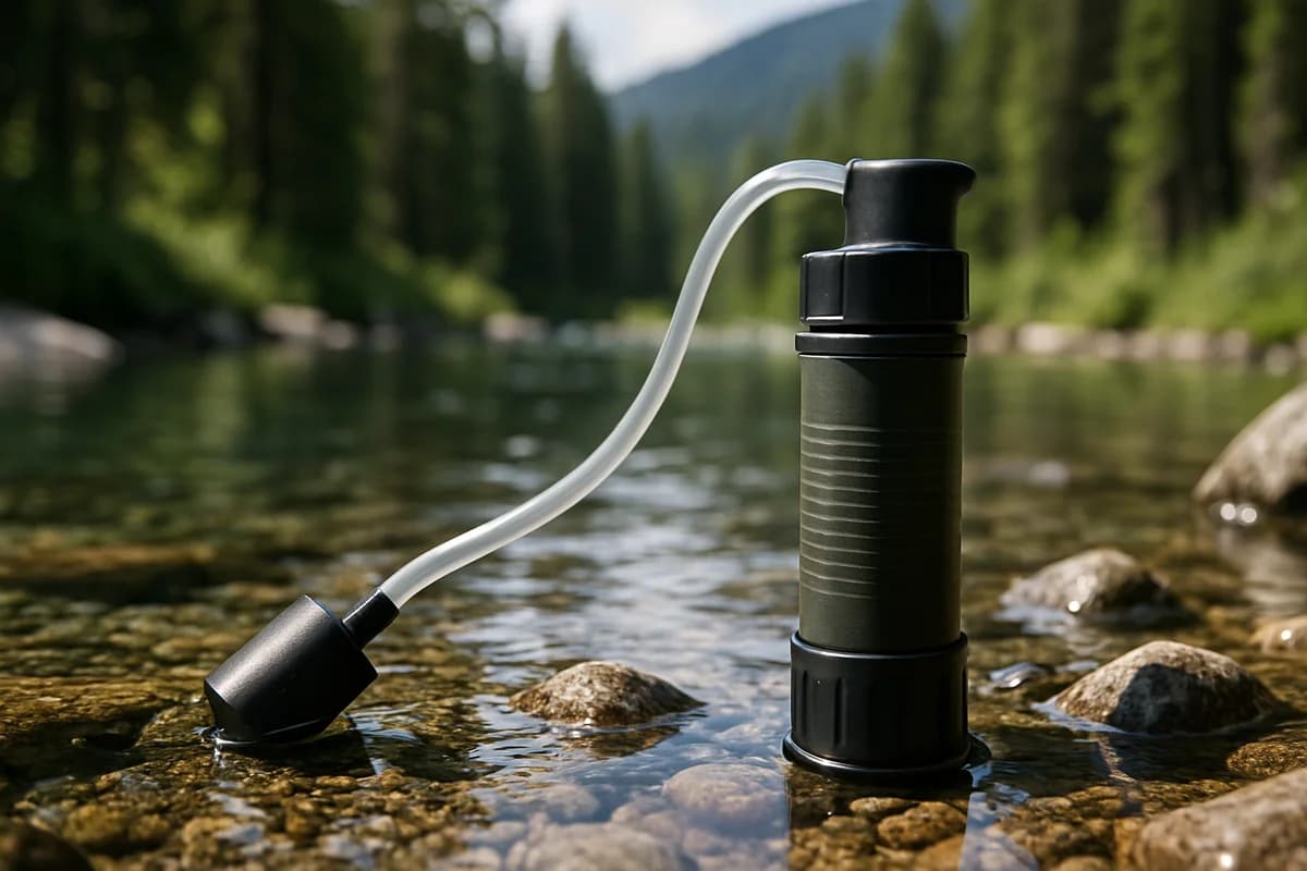 Wasserfilter im Einsatz beim Camping, klares gefiltertes Wasser im Morgenlicht